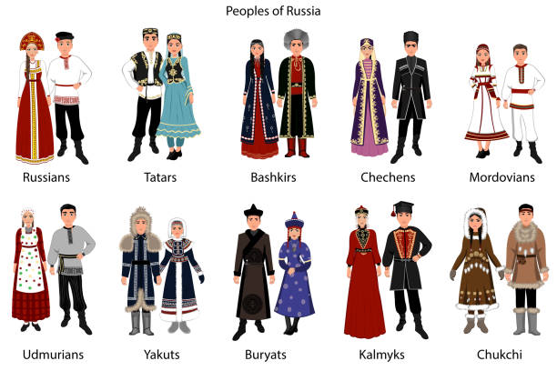 Peoples of Russia. Woman and man in folk national costumes. Vector illustration Peoples of Russia. Woman and man in folk national costumes. Vector illustration chukchi stock illustrations