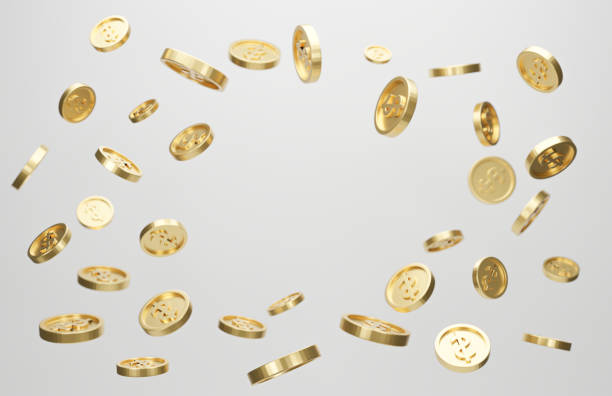Explosion of gold coins with dollar sign on white background. stock photo