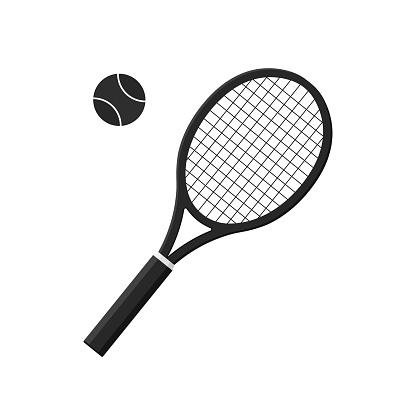 Tennis racket with ball. Icon of racquet for court. Logo of tennis rocket and ball isolated on white background. Sport equipment for game, match, competition. Silhouette for club of badminton. Vector.