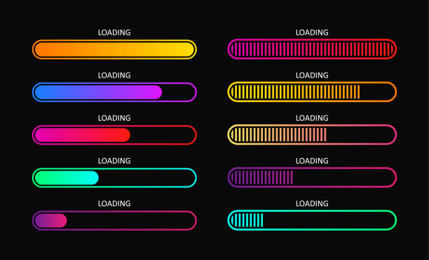 fortschrittsladebalken. anzeige des statusdownloads. grafische symbole der benutzeroberfläche. neon-tasten der upload-geschwindigkeit. farbsatz der webloader mit prozent. futuristische benutzeroberfläche für website, spiel, internet. vektor - anzeigeinstrument stock-grafiken, -clipart, -cartoons und -symbole