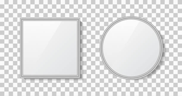 istock Mirror with frame. Surface of glass with reflection. Mockup of round and rectangle mirror with shadow, reflect. Silver texture isolated on transparent background. Decoration of interior. Vector 1352229272