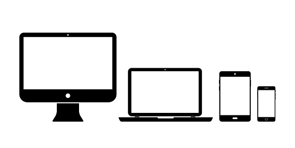 Tablet, computer, laptop and phone icon. Digital device with screen, internet and app. Pictogram of smartphone, pc and tablet on desktop. Black electronic devices for data. Vector.