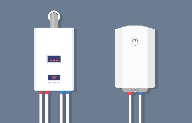 Gas boiler and electric water heater. Home furnace, tank isolated on blue background. System of combi heating. Smart gas boiler with burner for heat water with hot, cold pipe and control. Vector. Gas boiler and electric water heater. Home furnace, tank isolated on blue background. System of combi heating. White smart gas boiler with burner for heat water with hot, cold pipe and control. Vector radiator stock illustrations