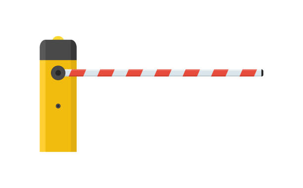 Barrier gate. Closed automatic barrier gate for parking of car. Barricade with flashing lamp for security. Border for entrance to park, garage, customs, construction and checkpoint. Vector Barrier gate. Closed automatic barrier gate for parking of car. Barricade with flashing lamp for security. Border for entrance to park, garage, customs, construction and checkpoint. Vector. barricade stock illustrations