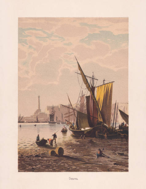 illustrazioni stock, clip art, cartoni animati e icone di tendenza di porto di genova, italia, cromolitografo, pubblicato nel 1890 - fishermen harbor