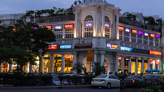 New Delhi - Nov 9, 2021 - View of Connaught Place, a frenetic business and financial hub of New Delhi the capital of India