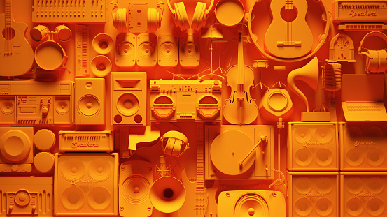 Orange Yellow Musical Instrument Wall Vibrant Music Equipment 3d illustration render