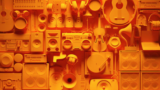 orange yellow musical instrument wall vibrant music equipment - radio gramophone imagens e fotografias de stock