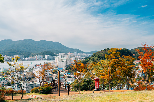 Tongyeong, Korea - October 24, 2021 : Panoramic view of Tongyeong port and Seopirang village at autumn