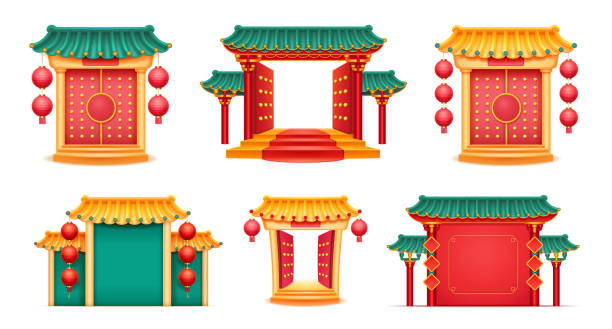 Japanese and Chinese architecture and religious buildings, isolated set of castles with open gates, temples with hanging paper lanterns and columns, steps and paths. CNY holiday celebrations vector art illustration