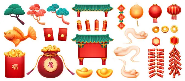 Vector illustration of Temples and castles with roof and columns, character Fu. Gates with hanging lanterns, sakura blossom and pine trees, coins and money in bag, red hong bao envelopes. Fish carp and sack with wealth
