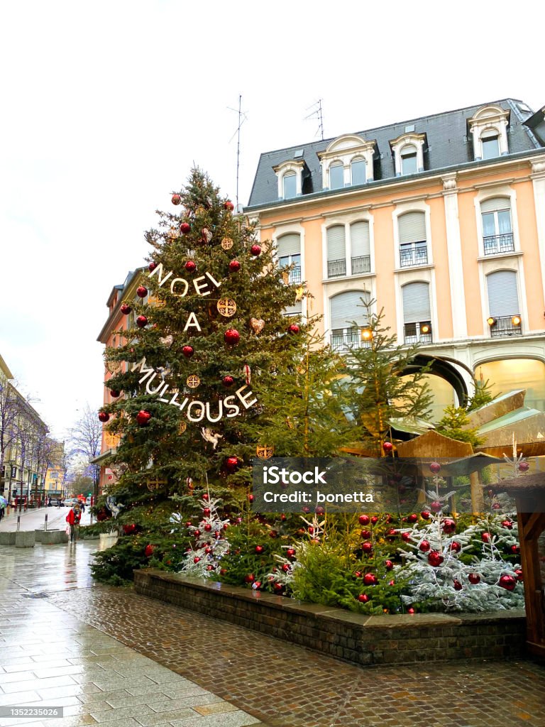 Christmas tree in Mulhouse, France Christmas tree in the downtown of Mulhouse at Christmas (Alsace, France) Christmas Market Stock Photo