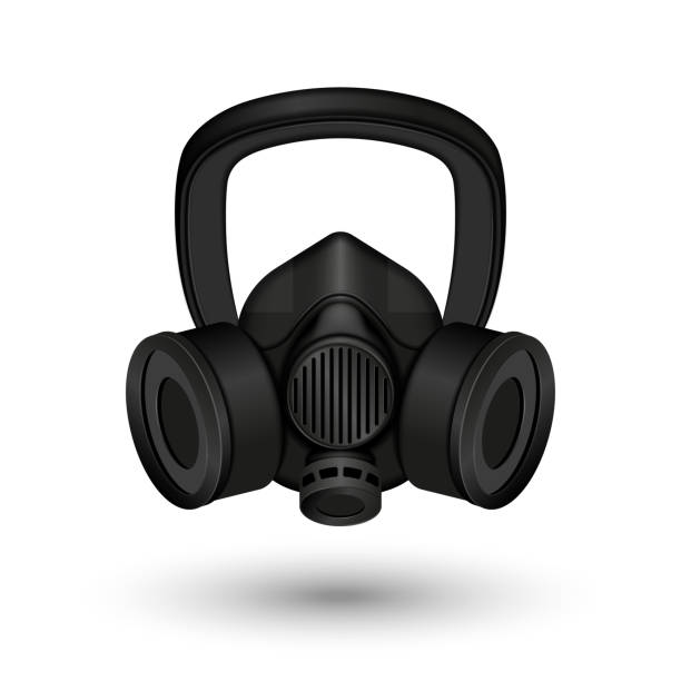 istock Full face gas 3d mask with black glass isolated on white background, post apocalyptic respirator realistic vector clipart. 1352235052