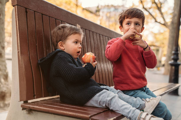 istock Brothers having apples outdoors 1352236572