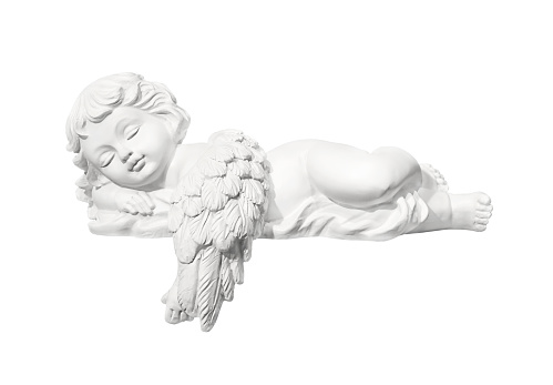 A Figurine of Cute Sleeping Angel Who put his hand under head, Isolated on White Background.