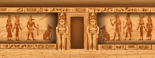 istock Egypt stone temple wall, vector ancient pharaoh tomb interior, goddess silhouette, religion hieroglyphs. 1352237594