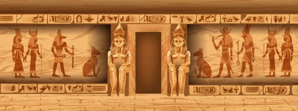 Egypt stone temple wall, vector ancient pharaoh tomb interior, goddess silhouette, religion hieroglyphs. Old civilization temple room, game level background landscape architecture. Egypt temple statue egyptian palace stock illustrations