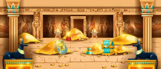 Vector illustration of Egypt pharaoh treasure background, vector game ancient temple tomb interior, gold coin pile, Anubis.