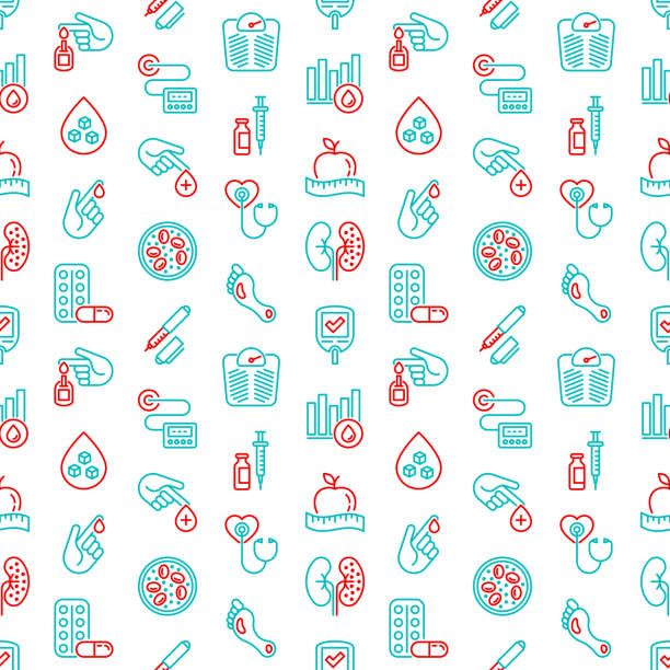 Diabetes seamless pattern with thin line icons: blood test, glucometer, glucose level, insulin pen, hyperglycemia, insulin pump, diabetic retinopathy, medical checkup. Vector illustration for medical background. Diabetes seamless pattern with thin line icons: blood test, glucometer, glucose level, insulin pen, hyperglycemia, insulin pump, diabetic retinopathy, medical checkup. Vector illustration for medical background. diabetes backgrounds stock illustrations