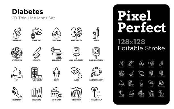Diabetes thin line icons set: blood test, glucometer, glucose level, insulin pen, hyperglycemia, insulin pump, diabetic retinopathy, medical checkup, obesity. Pixel perfect, editable stroke. Vector illustration. vector art illustration