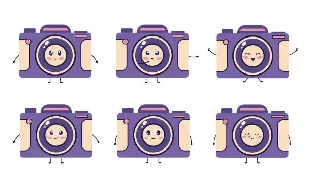 Vector illustration of Cute character photo camera. Collection of different emotions. Flat vector illustration