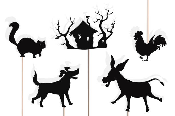 Bremen town musicians shadow puppets Shadow puppets of donkey, rooster, dog, cat and forest hut, isolated. Bremen town musicians storytelling. scared chicken cartoon stock illustrations