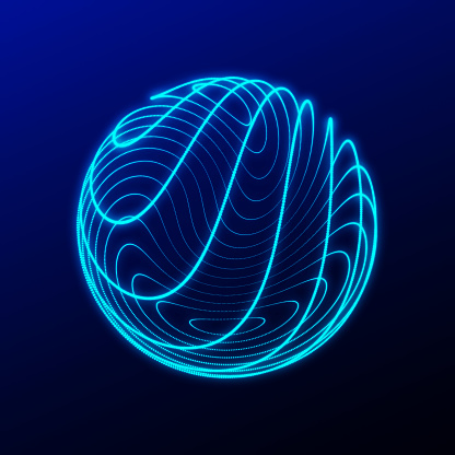 Sphere with twist lines. Spherical waveform. HUD element. Network connection structure.