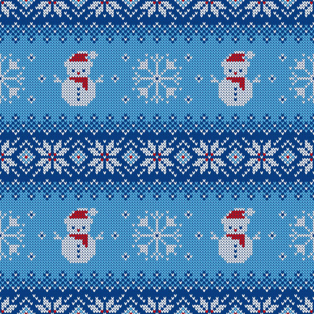 Knitted seamless pattern with snowman and scandinavian ornament. Sweater background. Knitted seamless pattern with snowman, snowflakes, and scandinavian ornament. Sweater background for Christmas, New Year or winter design. Vector illustration. ugly-hat stock illustrations