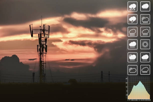 Weather forecast symbol with dramatic silhouette of communication tower on suburb area at twilight time for meteorology presentation and report background.