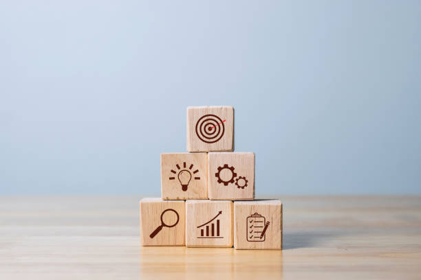 istock Wood cube block stacking with icon. business strategy and action plan Concept. 1352243048