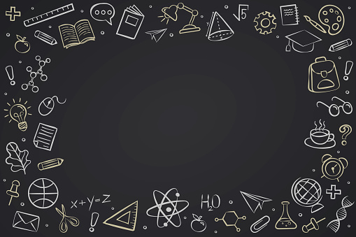Vector frame back to school with education doodle icon symbols on black chalkboard. frame back to school. EPS10.