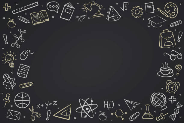 Vector frame back to school with education Vector frame back to school with education doodle icon symbols on black chalkboard. frame back to school. EPS10. classroom borders stock illustrations