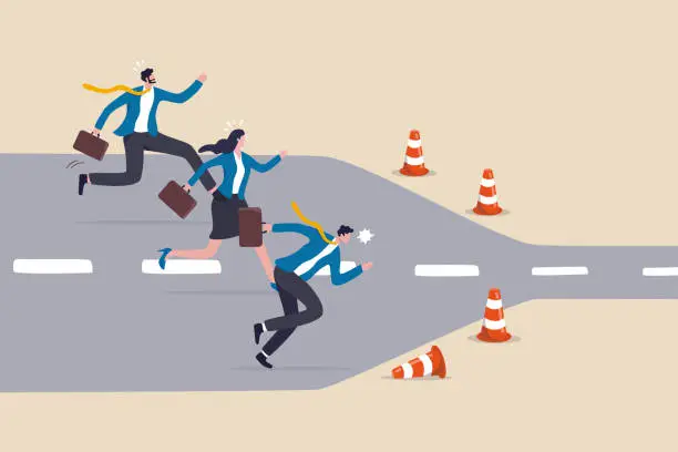 Vector illustration of Bottleneck make business run slow, struggle workflow or busy point make project delay, traffic jam or trouble flow concept, business people run on wide road to reach narrow slow bottleneck.