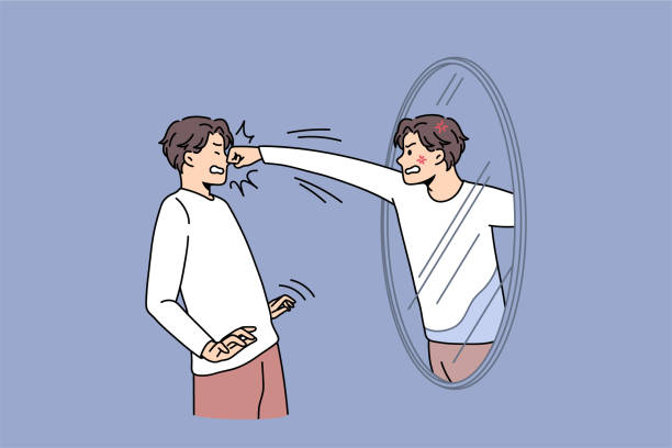 ilustrações de stock, clip art, desenhos animados e ícones de angry man fight with reflection in mirror - mirror reflection men individuality