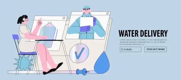 Vector illustration of Woman administrator receive oder online on website and confirm delivery by delivery man of bottled clean spring water for office or home use. Web page with water store or service concept banner.