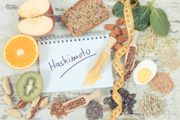 istock Nutritious ingredients and inscription hashimoto. Healthy food containing vitamins. Problems with thyroid concept 1352247236