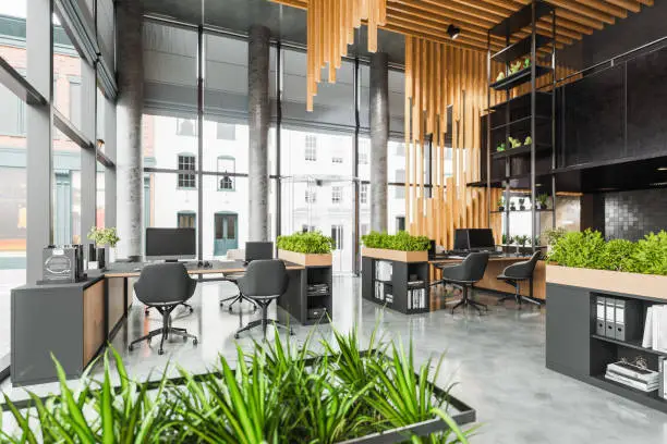 Interior of a sustainable green co-working office space.