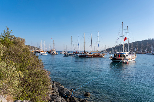 Bodrum, Cokertme, Turkey, 10.21.2021; Every summer many yachts leaving the marina for The Bodrum Cup Sailing Festival. In 2021 they raised for awareness of forest fire disaster at the Turkish coastline.