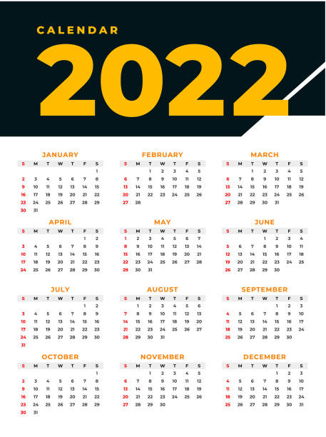 prosty edytowalny kalendarz wektorowy na rok 2022 najpierw poniedziałki, niedziele na czarno-żółtym, łatwy do edycji i użytkowania - 2012 stock illustrations