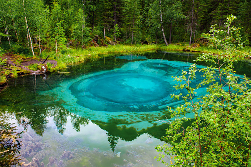 Turquoise geyser lake in the mountain forest. Circles spread out on the surface of emerald water. Amazing phenomenon in the wild.