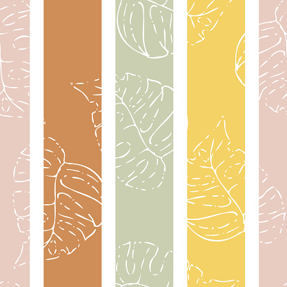 Vector Monstera White Lineart on Pastel colored Stripes seamless pattern bachground.