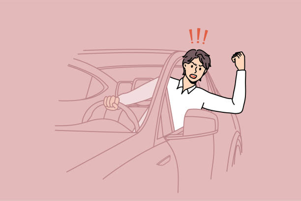 Aggressive male driver honk in horn in car Aggressive man driver scream and shout beep in car on road. Mad male honk in horn swear and yell stuck in traffic jam. Transportation, driving problem concept. Flat vector illustration. aggression illustrations stock illustrations