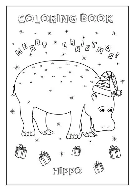 Vector illustration of Kids Coloring book Merry Christmas! with Hippo, presents and snow. Ready to print, paper format A4. Black and white, made in vector.