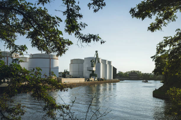 industrial cityscape at Westhafen in Berlin seen from river