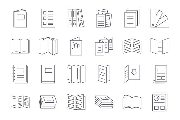 symbol für den broschürenkatalog. bearbeitbarer kontur. legen sie dünne liniensymbole für das webdesign auf weißem hintergrund isoliert fest. flyer papier zeitung, grußkarte buch magazin - brochure icon stock-grafiken, -clipart, -cartoons und -symbole