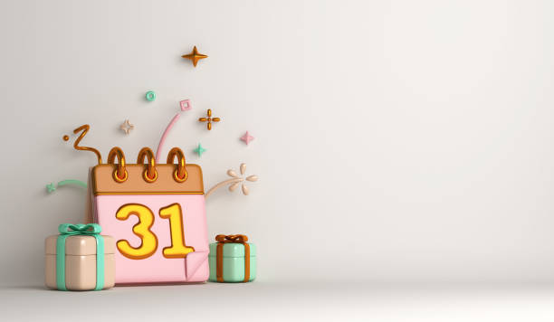 Happy new year decoration background with calendar date 31, gift box, copy space text, 3D rendering illustration Happy new year decoration background with calendar date 31, gift box, copy space text, 3D rendering illustration december 31 stock pictures, royalty-free photos & images