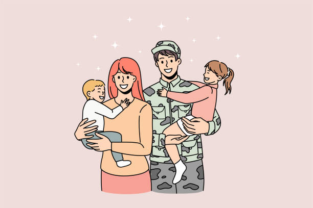 Happy military dad reunited with wife and kids Happy young family meet dad from army excited to be reunited. Smiling military man mother with wife and small children. Serviceman or soldier hug woman and kids. Flat vector illustration. military family stock illustrations