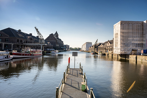 industrial architecture and historic brick storage buildings at Westhafen in Berlin
