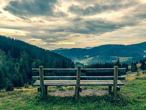 A bench on a mountain with a view of the Black Forest.