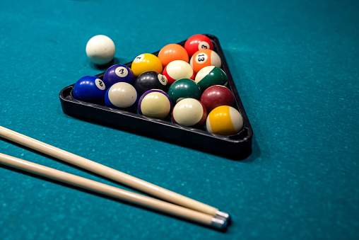 American colour pool balls on billiards table as commonly used starting position